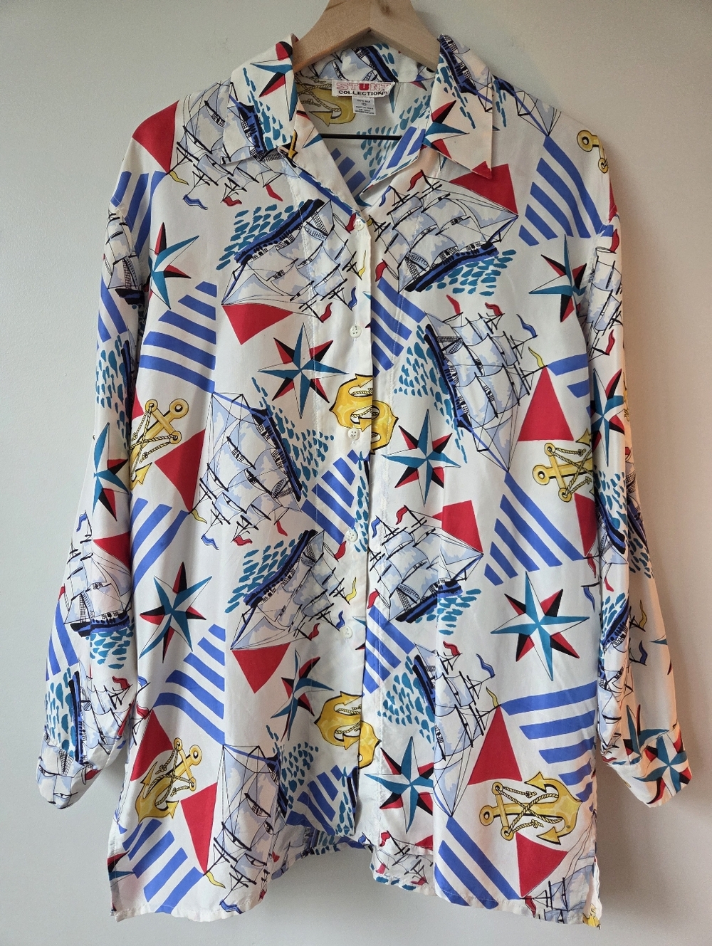 Vintage STUNT Collections Nautical Silk Button Front Blouse Womens Size Medium - Picture 2 of 8